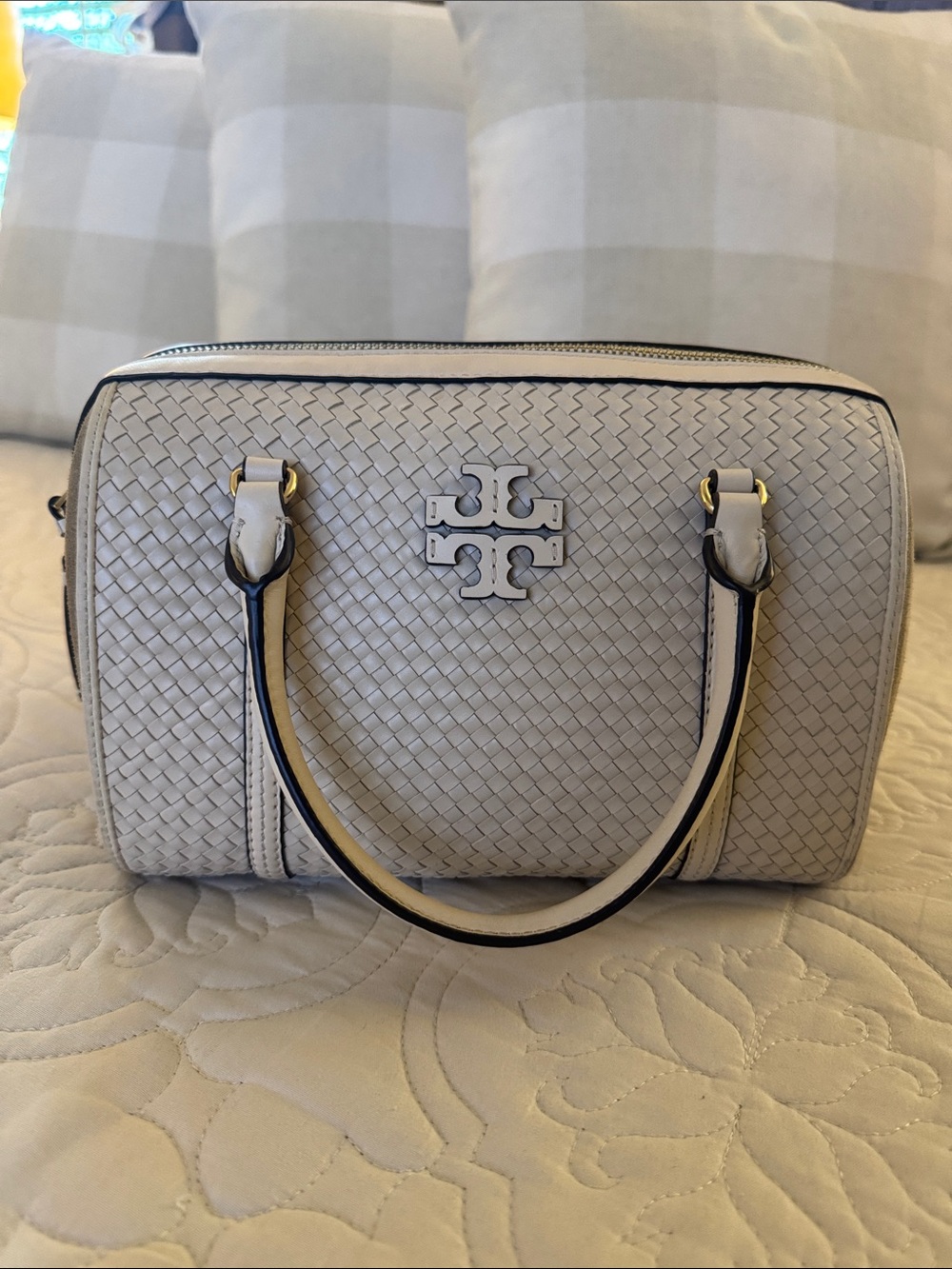 Tory Burch cream colored Woven Leather Satchel with suede accent